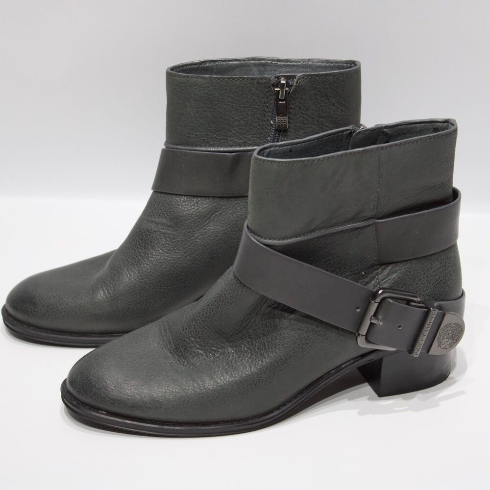 Vince Camuto Romeo Dark Gray Leather Heeled Harness Moto Bootie Women Size 8M